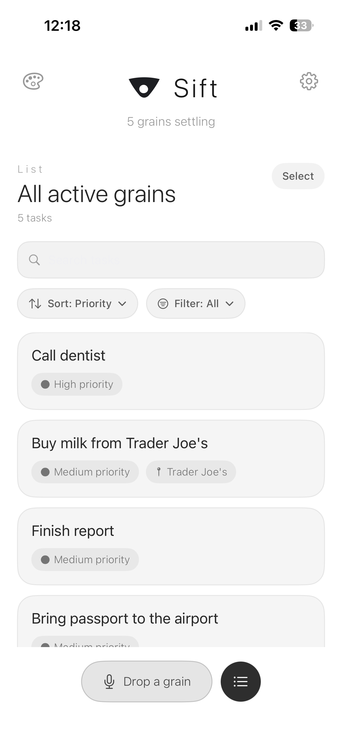 Sift list view with active grains shown as tasks.