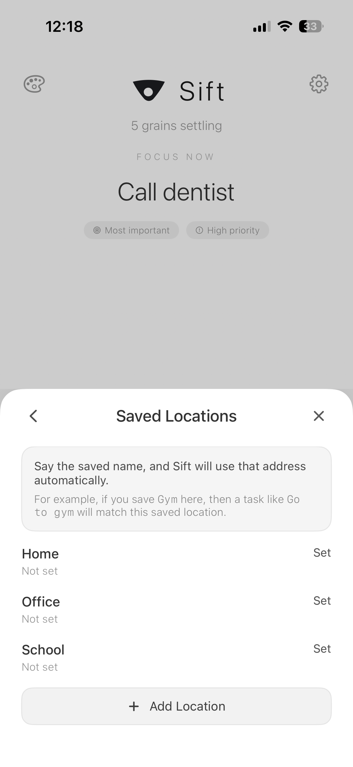 Sift saved locations screen with reusable places.