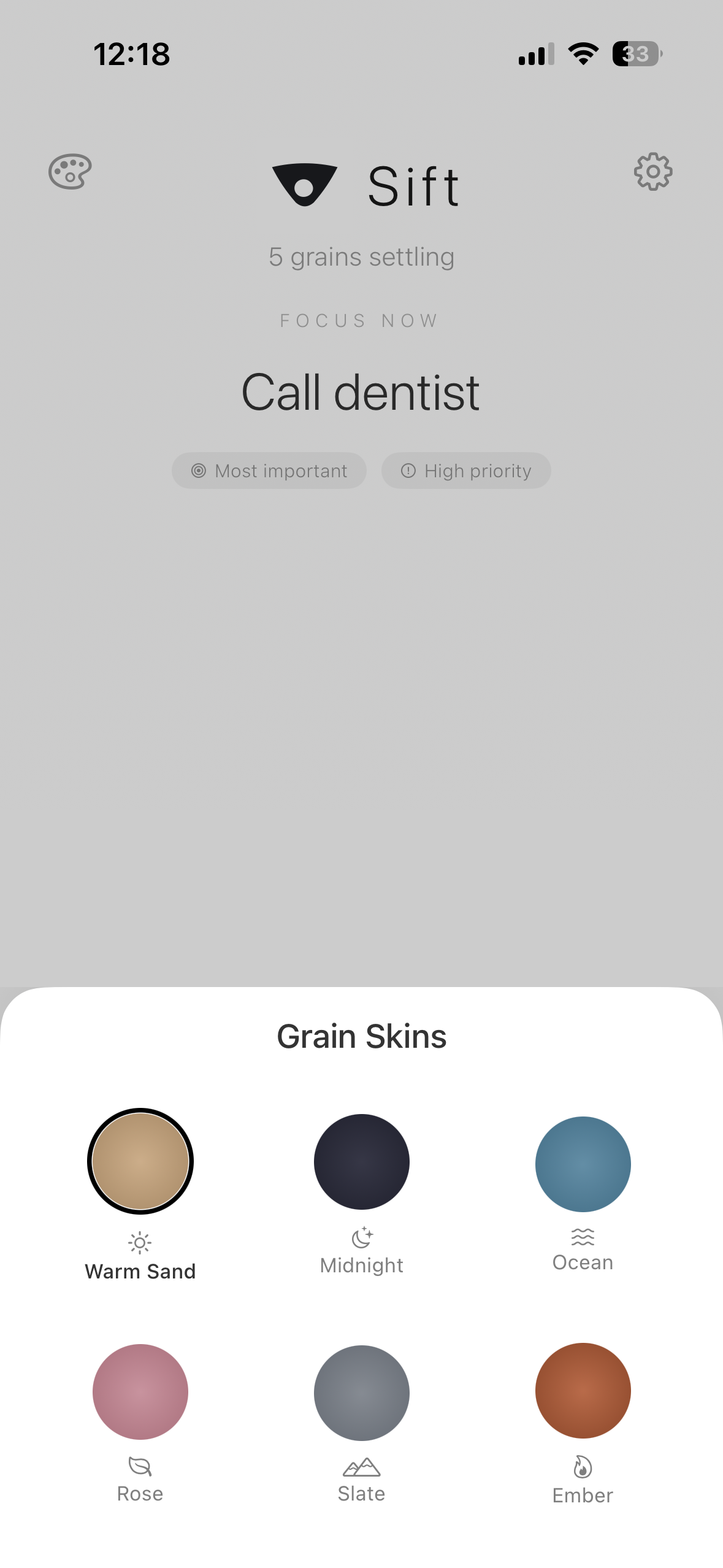 Sift grain skins panel showing visual themes for grains.